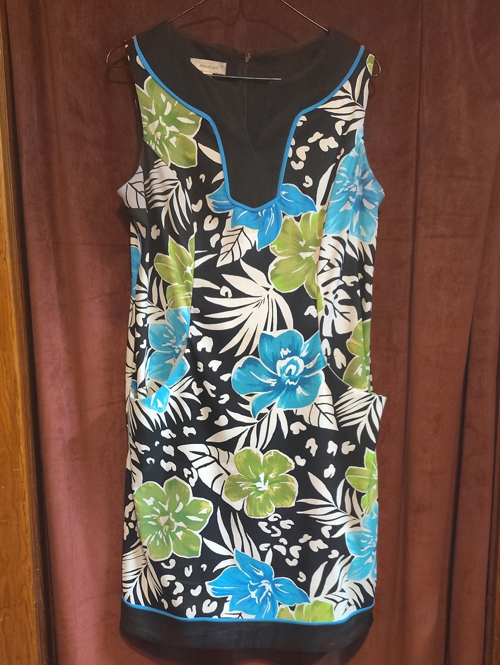 dressbarn Black Floral Dress With Blue & Green Flowers And Pockets
